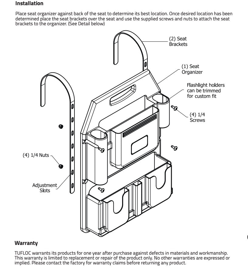Diagram of a Tufloc seat organizer for police vehicles model 78-100 with brackets and compartments installation with labeled parts on a white background