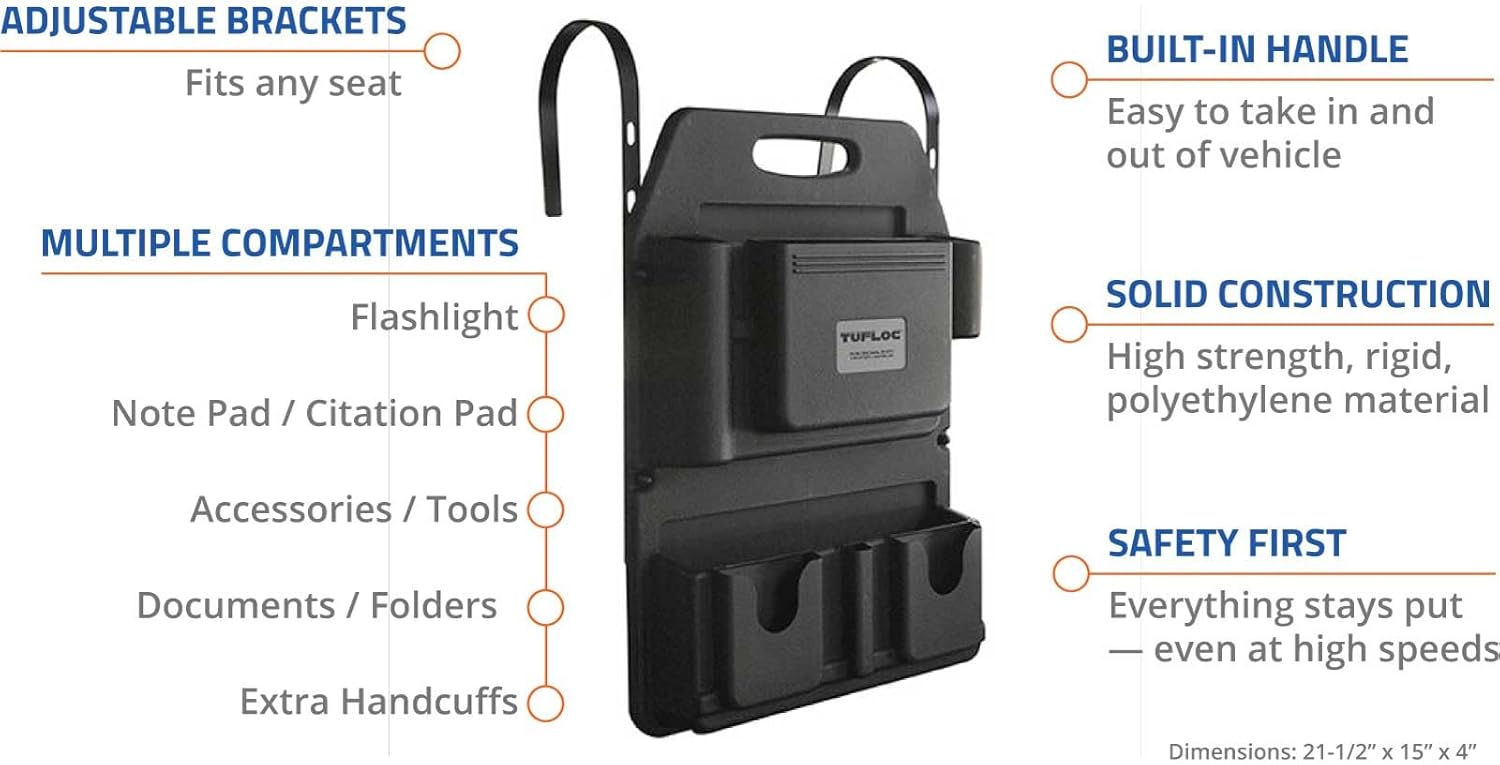 Tufloc seat organizer for police vehicles model 78-100 with brackets and compartments with feature labels