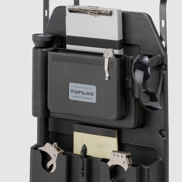 Close up of a Tufloc seat organizer for police vehicles model 78-100 with brackets and compartments