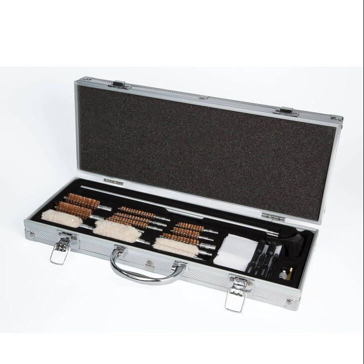 Gun cleaning kit in an open metallic case on a white background
