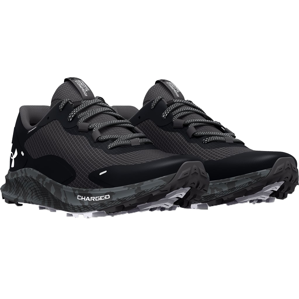 Under Armour Women’s Charged Bandit Trail 2 Storm Running Shoes, 3024763, black with white logo and black-gray camo sole
