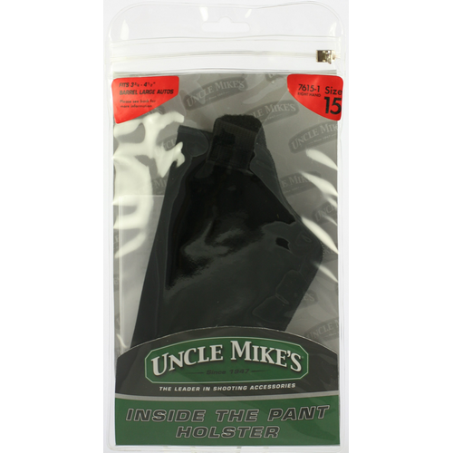 Uncle Mike's Inside-the-Pant Retention Strap Holster in packaging, designed for large autos, durable and discreet for concealed carry.