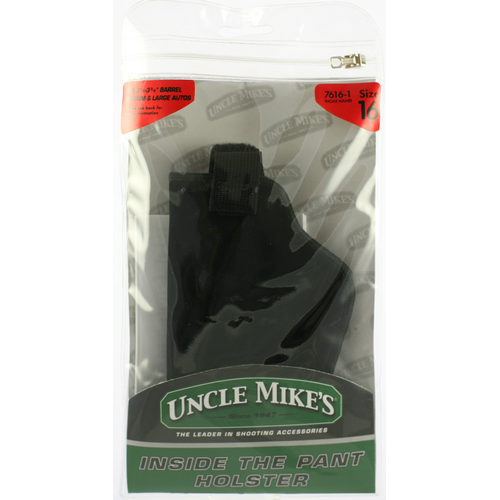 Uncle Mike's inside-the-pant retention strap holster in packaging, designed for concealed carry and enhanced comfort.