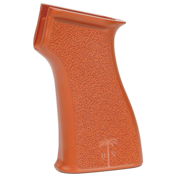 Orange US Palm AK Grip in orange, featuring ergonomic design and aggressive stippling for enhanced control and comfort.