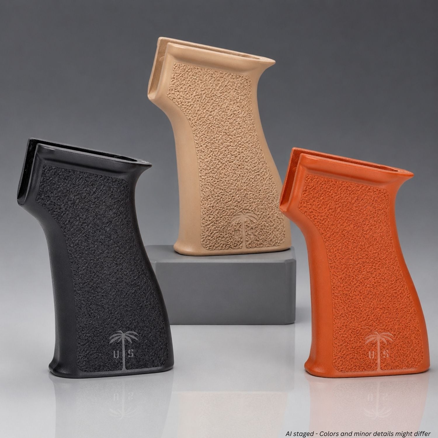 Three grip stocks in black, beige, and orange on a gray background
