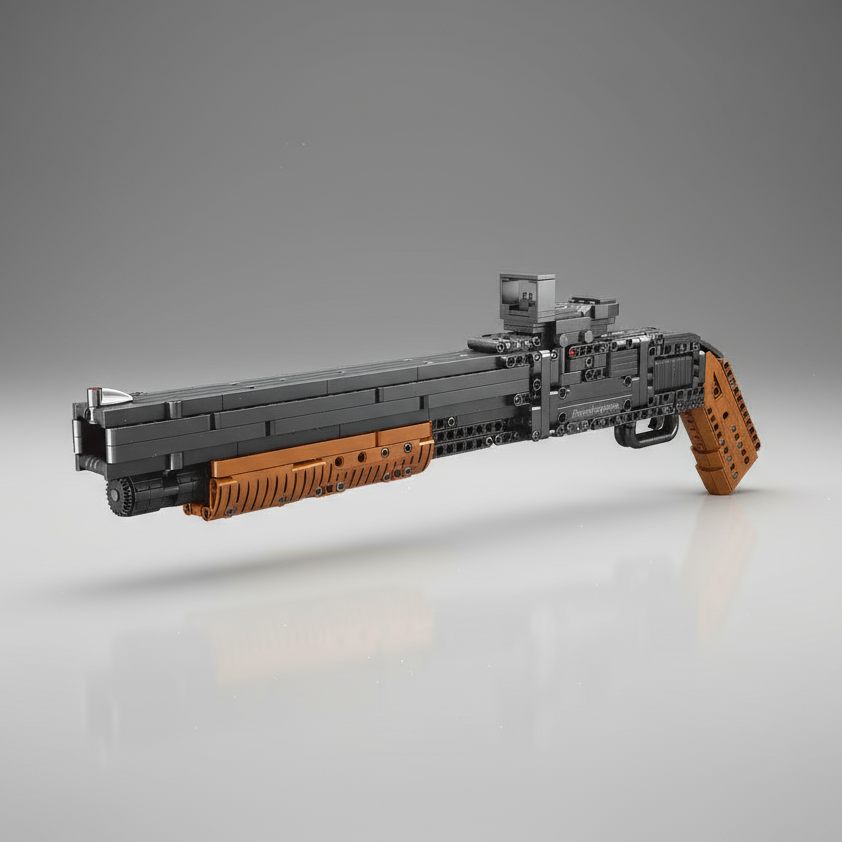 Toy gun with a gray and brown design on a reflective surface with a gray background