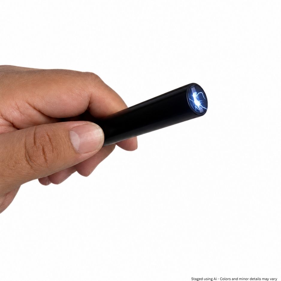 Hand holding a black stun pen with a blue electricity glow on a white background