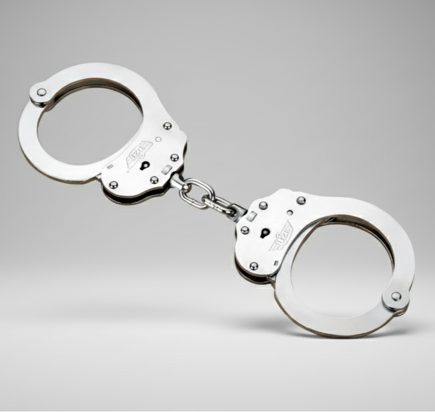 Metallic handcuffs on a gray background