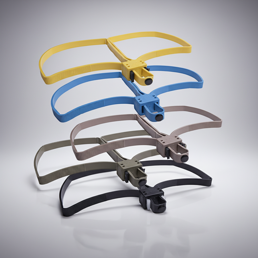 Set of four UZI Foldable Flex Cuffs Disposable estraints | UZI-FLXC in yellow, blue, gray, and black on a gray background