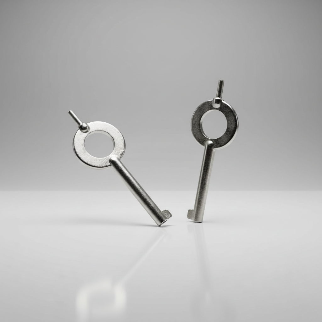 Pair of silver key-shaped handcuff keys on a gray background