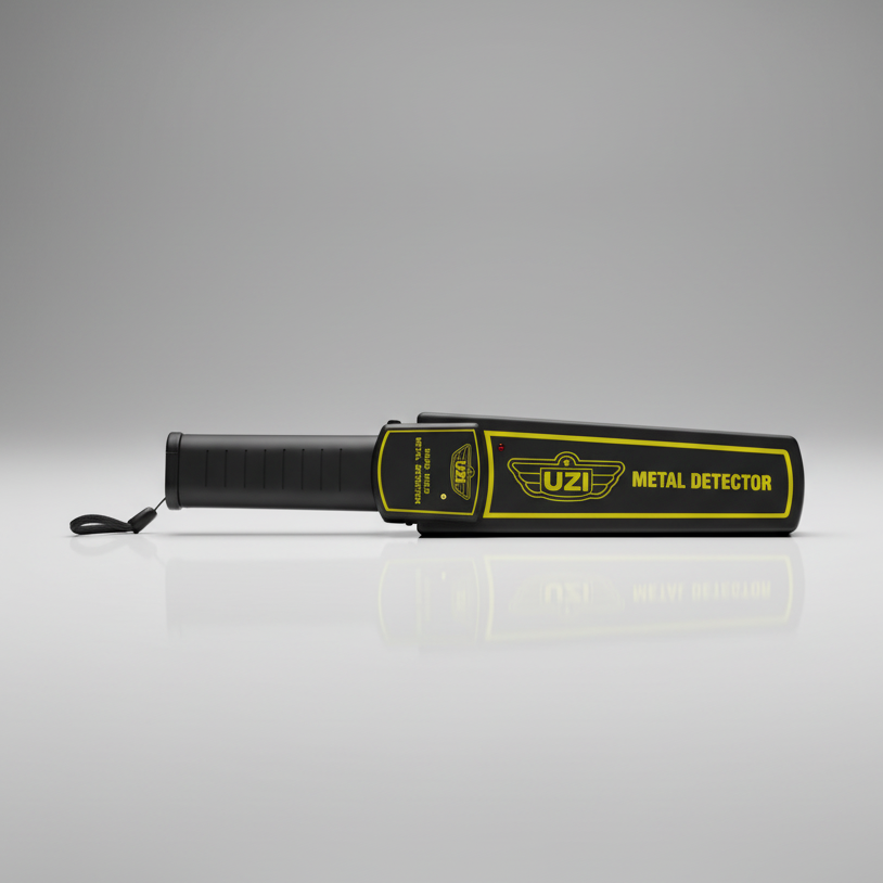 Black and yellow metal detector on a gray background