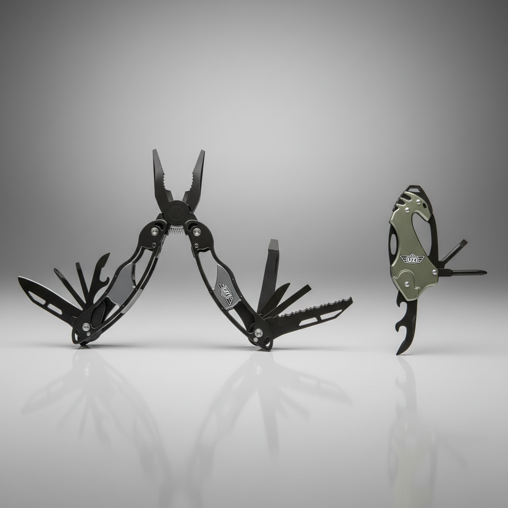 Multi-tool with various components on a gray background