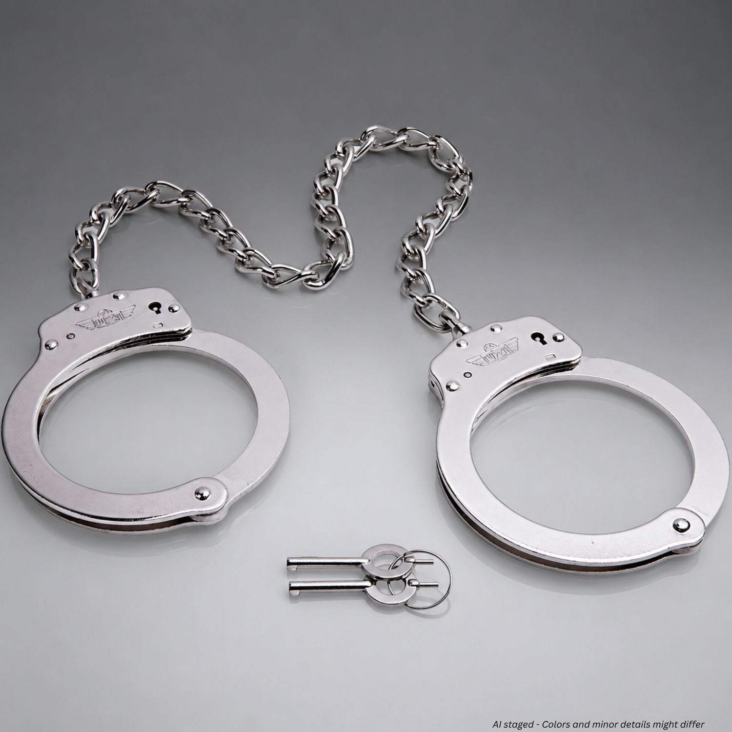 UZI Premium Nickel Finish Leg Irons model UZI-HC-LEG shown open on white background with two standard handcuff keys