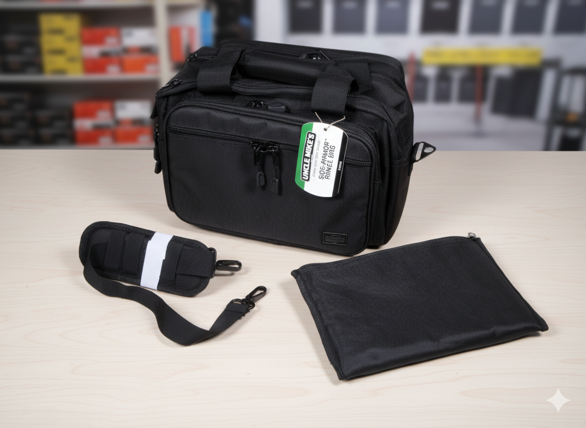 Black bag with accessories on a table in an indoor setting