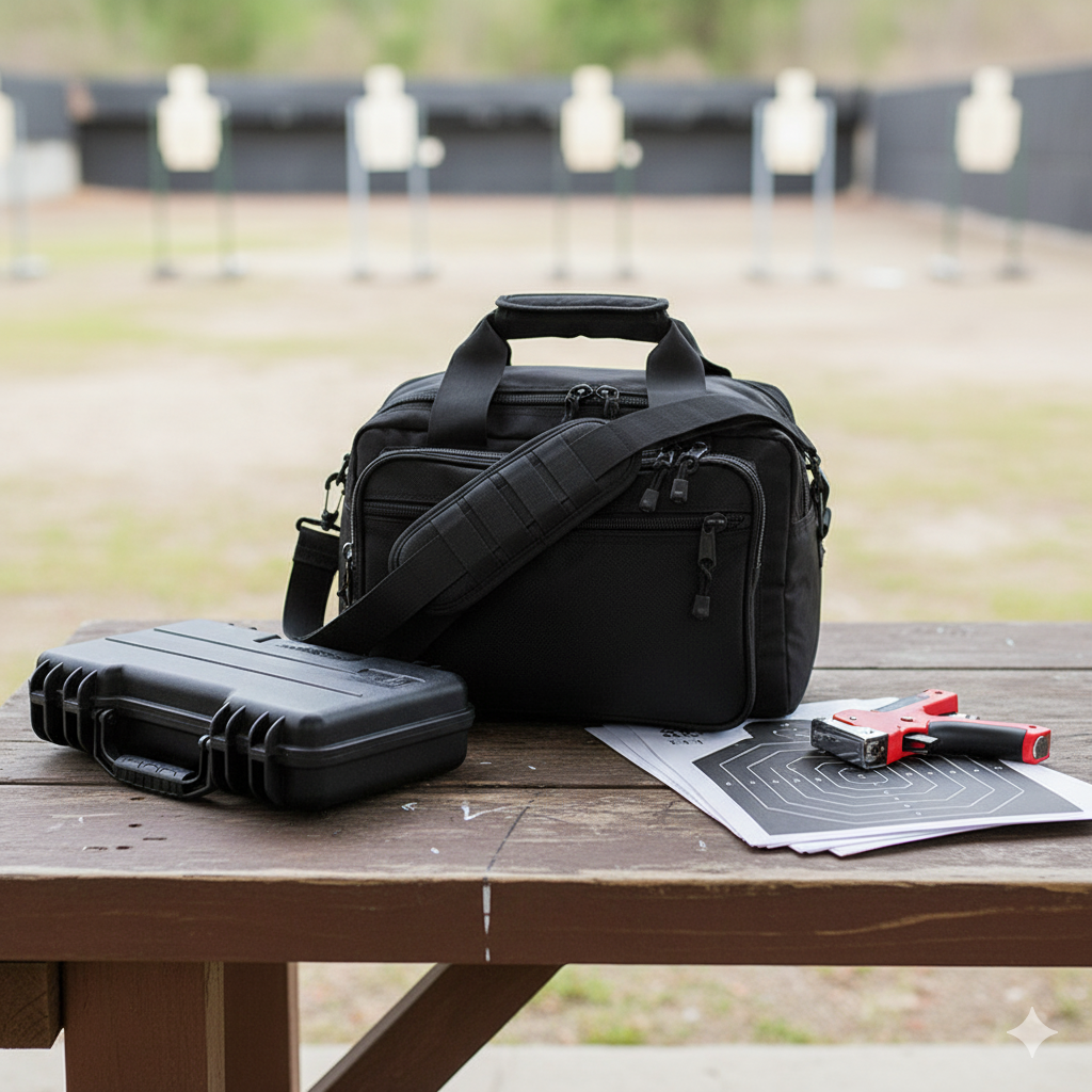 Black bag and hard-shell case on a wooden table with targets in the background