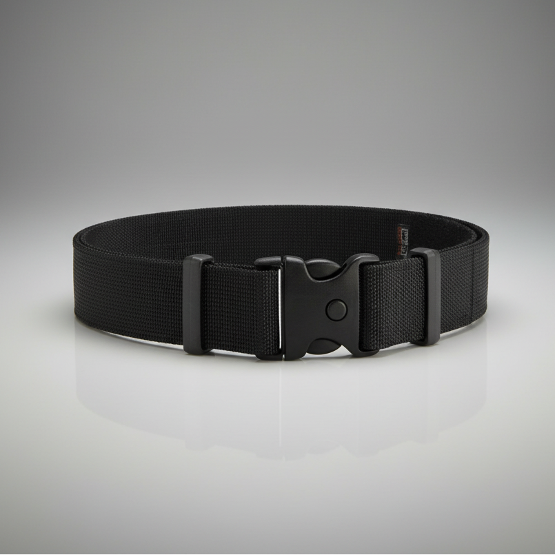 Black belt with a buckle on a gray background