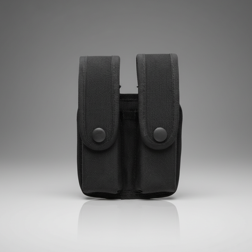 Black tactical magazine pouch on a gray background
