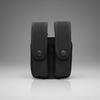 Black tactical magazine pouch on a gray background