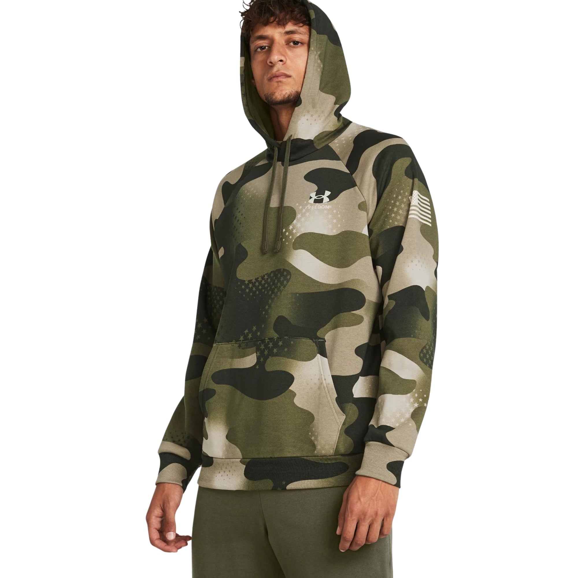 Person wearing a camouflage hoodie with a brand logo on a white background