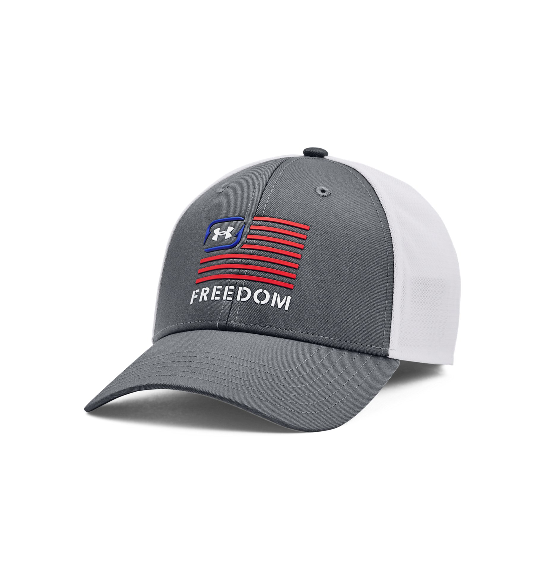 Under Armour Men's UA Fish Hunter Mesh Cap with a 'Freedom' print on the front, featuring a gray structured front panel and a white stretch-mesh back panel.