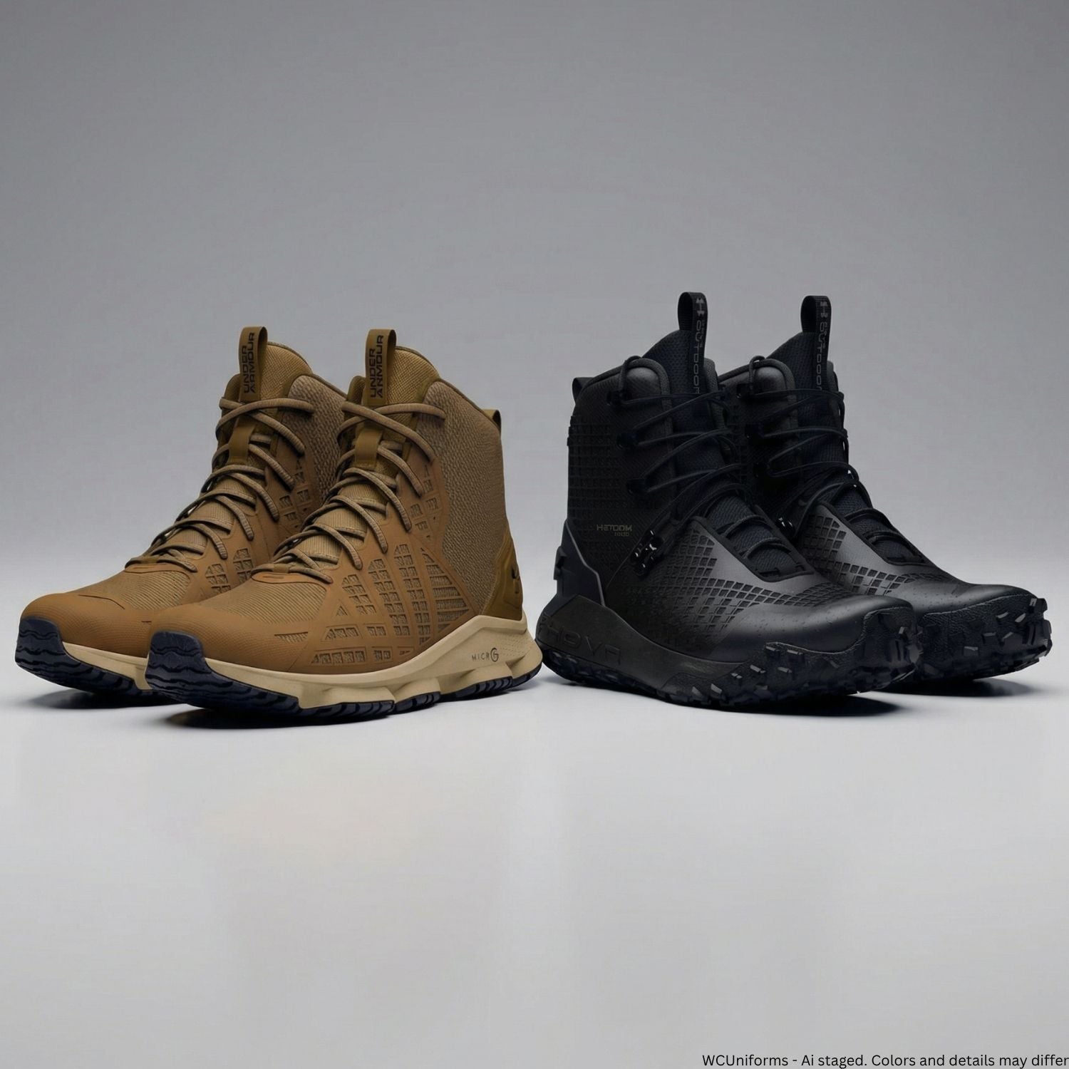 Pair of brown and black high-top boots on a gray background