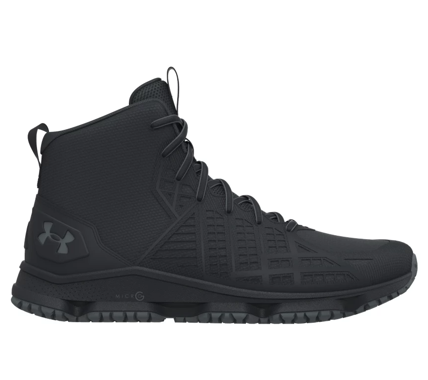Black high-top sneaker with Under Armour logo on a white background