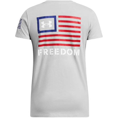 Gray t-shirt with American flag and 'Freedom' text on a white background