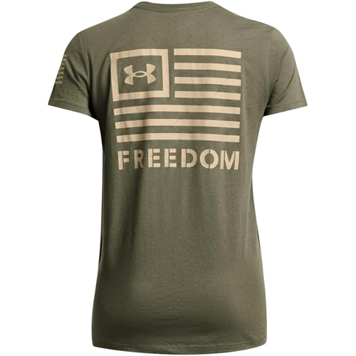 Green t-shirt with 'Freedom' and Under Armour logo on a white background