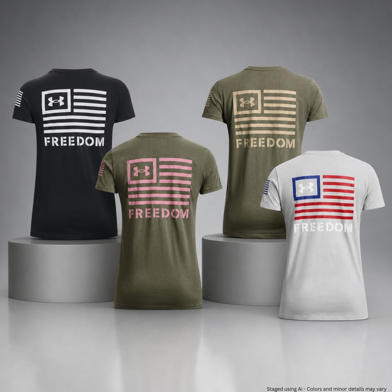 Four t-shirts with 'Freedom' design on a gray background