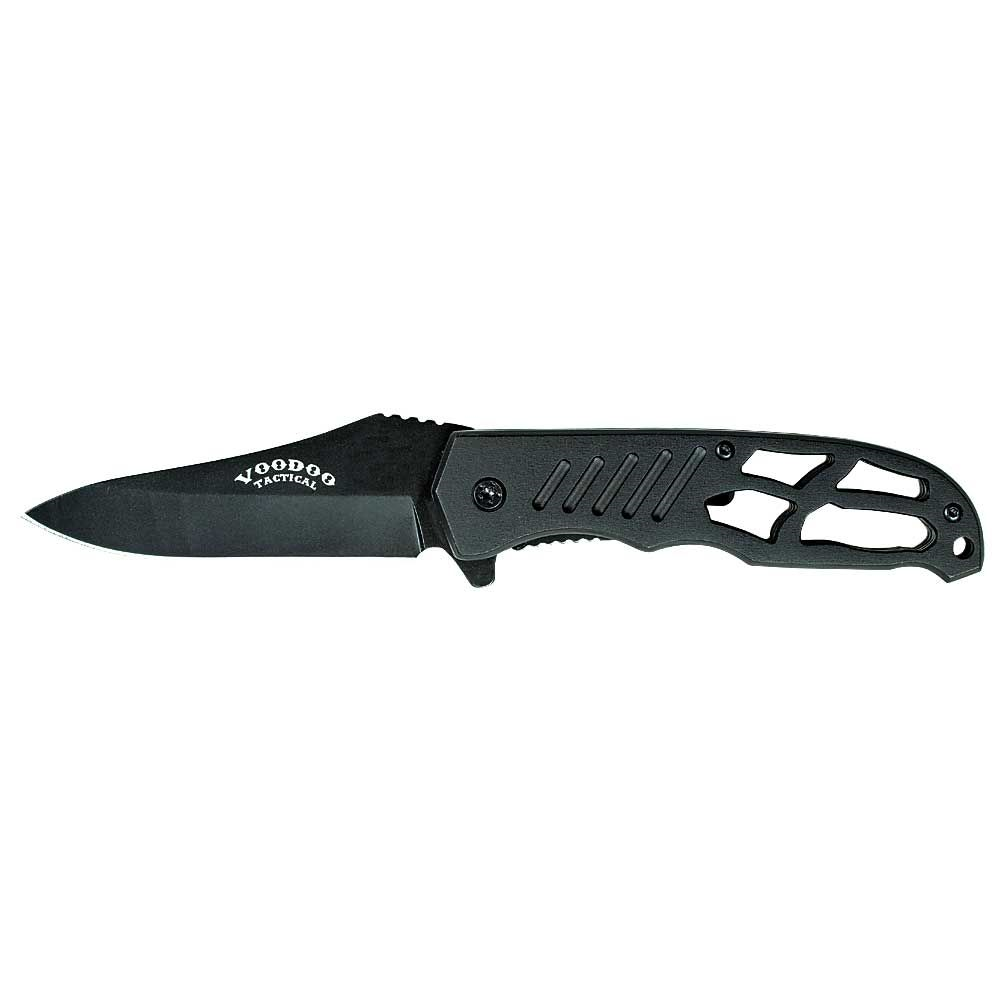 Voodoo Tactical Everyday Folding Knife with skeletonized aluminum handle and matte black blade. Ideal for EDC use.