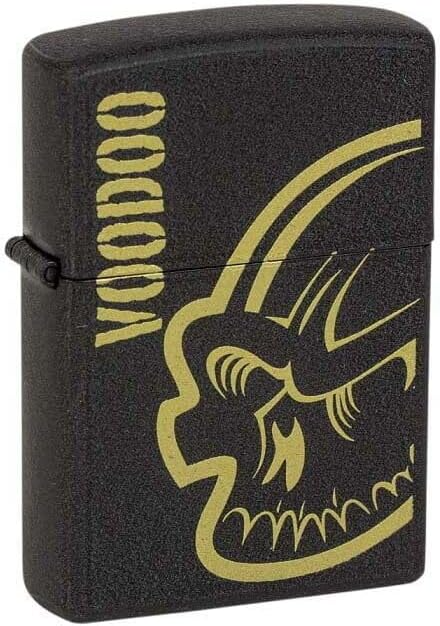 Voodoo Tactical USB electrical lighter featuring a black design with a gold skull graphic. Ideal for tactical gear enthusiasts.