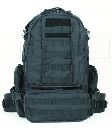 Voodoo Tactical Mini Tobago black backpack with multiple pockets and padded straps for comfort and ventilation.