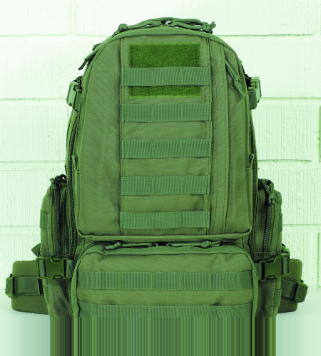 Voodoo Tactical Mini Tobago Backpack in green, featuring MOLLE webbing and multiple storage pockets for versatility.