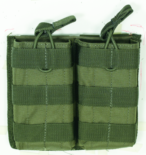 Voodoo Tactical M4/M16 open top mag pouch with bungee system in green, designed for modular tactical gear attachment.