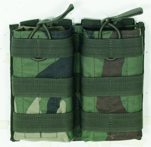 Voodoo Tactical M4/M16 open top mag pouch with bungee system in camouflage pattern for modular tactical gear.