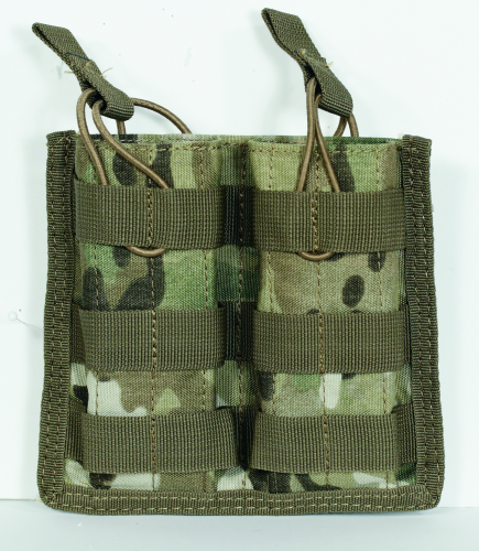 Voodoo Tactical M4/M16 open top mag pouch with adjustable bungee system in camo pattern for modular gear setup.