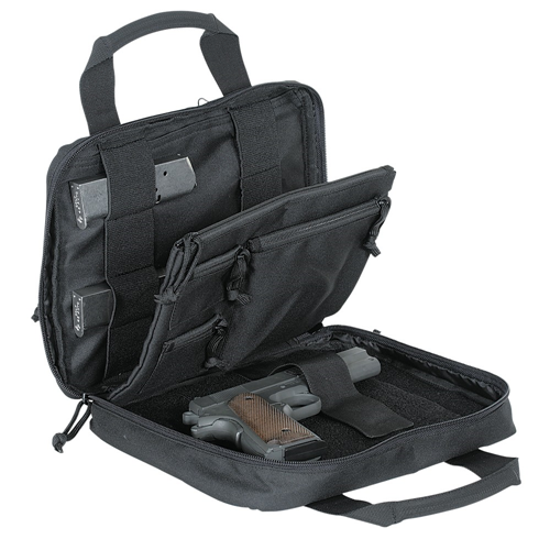 Voodoo Tactical Custom Series Pistol Case with open compartments displaying a handgun and magazine slots, black fabric design.