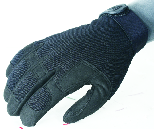 Voodoo Tactical Crossfire Gloves showcasing a black synthetic leather palm and four-way spandex nylon back for tactical performance.