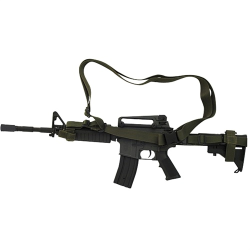 Voodoo Tactical 3 Point Rifle Sling attached to a rifle, showcasing durability and quick-release features for tactical flexibility.