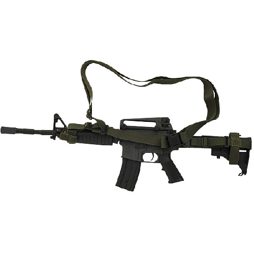 Voodoo Tactical 3 Point Rifle Sling attached to a tactical rifle, showcasing its durable webbing and adjustable design.