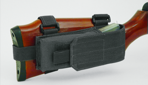 Voodoo Tactical Buttstock Mag Holder with adjustable flap cover and sling attachment on a wooden stock.