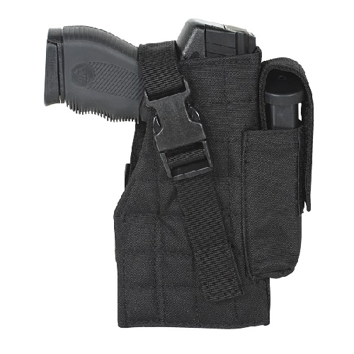 Voodoo Tactical Molle Holster with attached mag pouch, designed for medium and large frame pistols, in black.