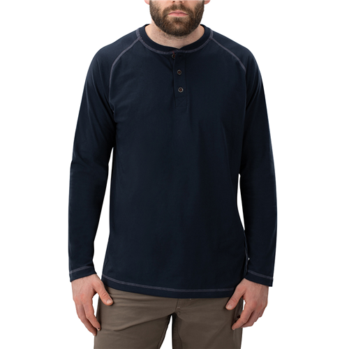 Vertx Action Henley shirt in navy, featuring raglan sleeves and a 3-button placket for versatile layering and comfort.