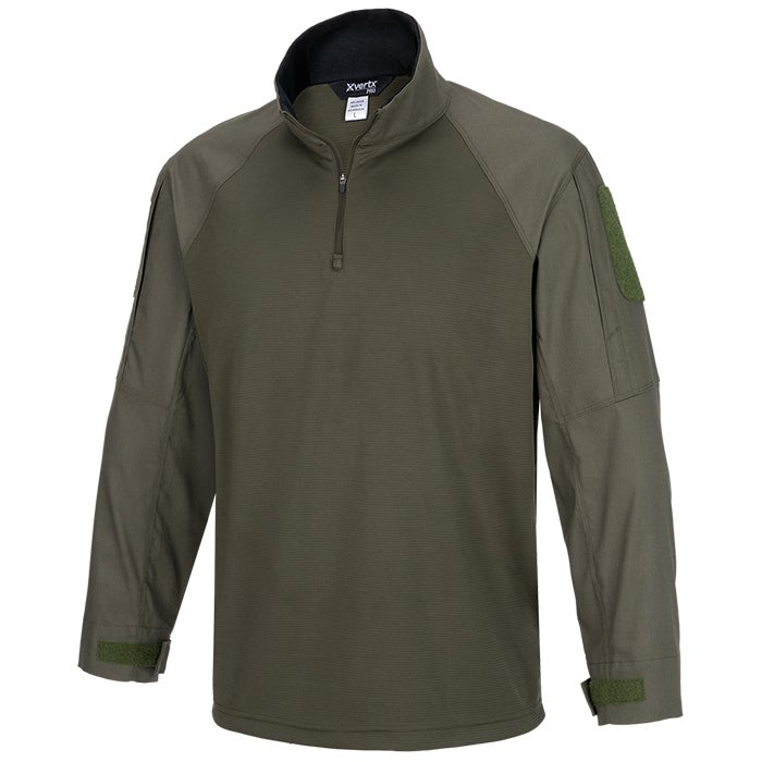 Vertx Recon Flex Long Sleeve Combat Shirt in olive green, featuring zip collar and shoulder patches for tactical use.