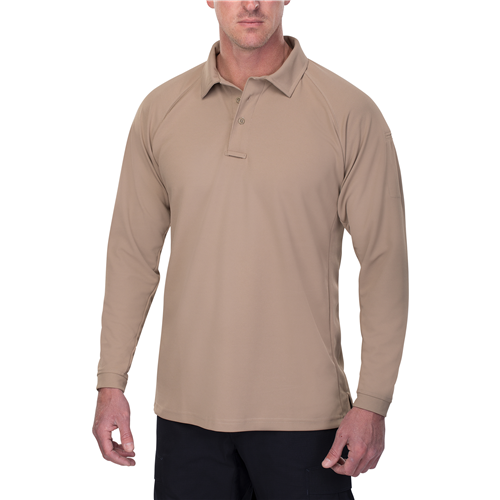 Vertx Coldblack Men's Long Sleeve Polo in tan, designed for comfort and UV protection in warm weather.