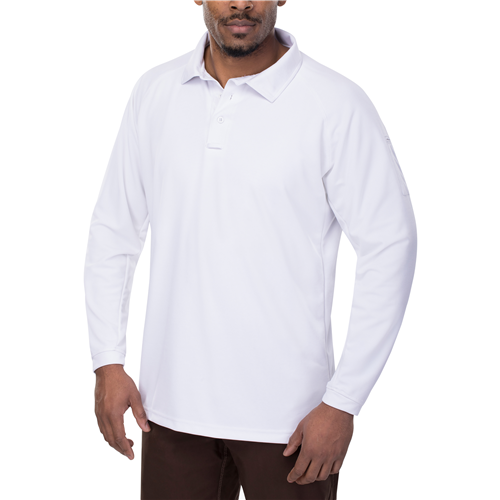 Vertx Coldblack Men's Long Sleeve Polo in white, featuring moisture-wicking fabric for warm weather comfort and performance.