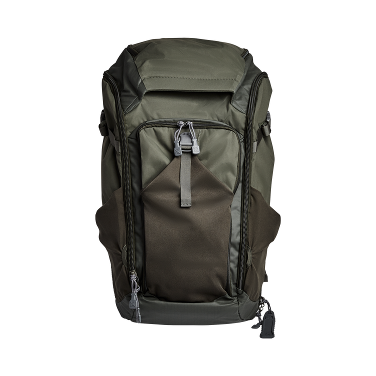 Vertx Pro Overlander backpack in olive green, featuring multiple compartments and durable design for travel organization.