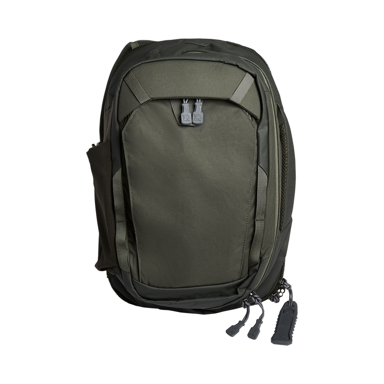 Vertx Pro Transit backpack in olive green, designed for easy access and urban versatility.