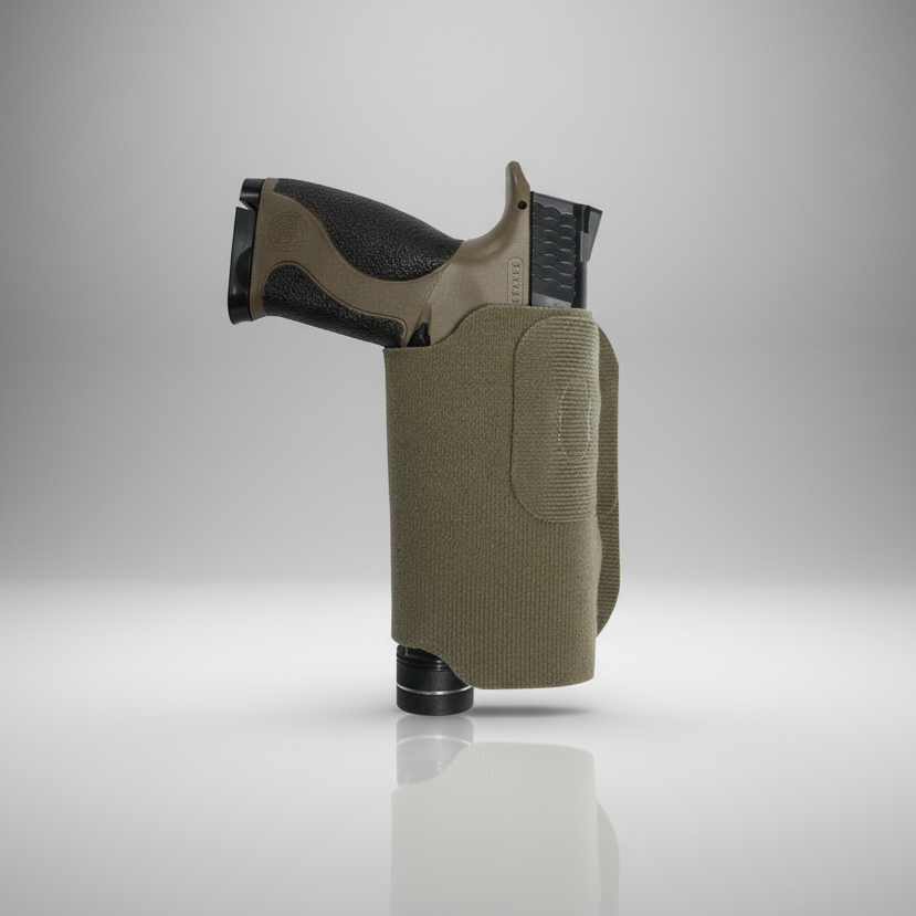 Olive green gun holster with a handgun on a gray background