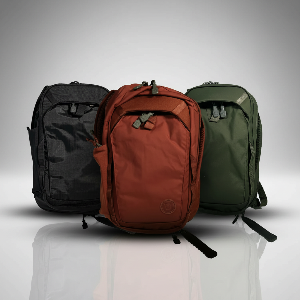 Three backpacks in black, red, and green on a reflective surface with a gray background